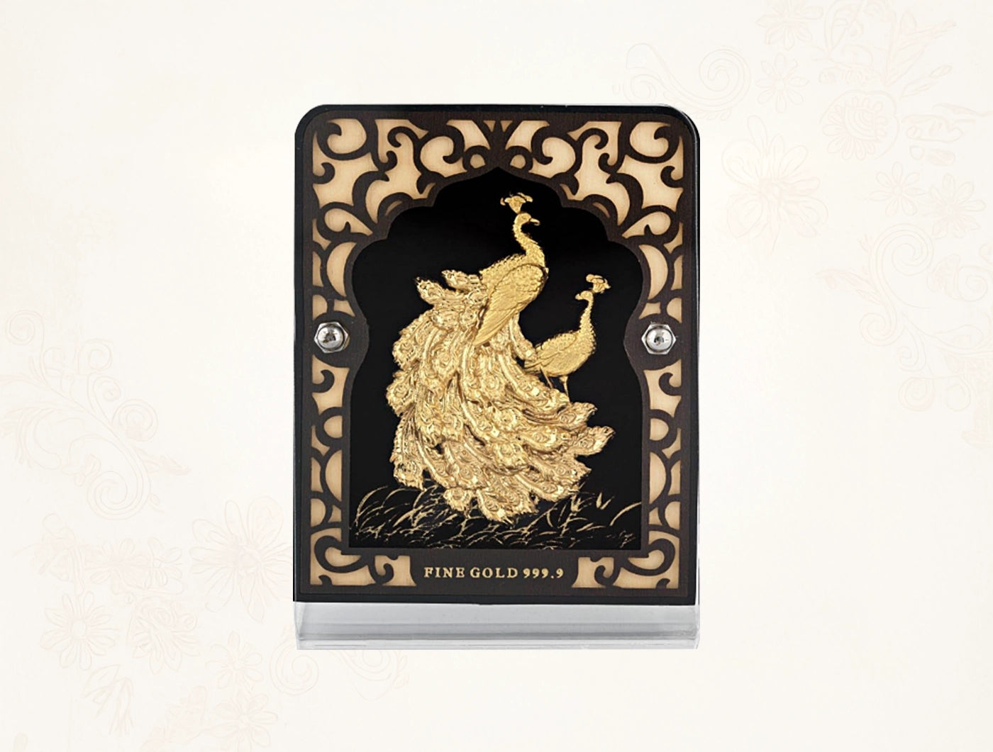 24KT Gold Peacock Stand Tabletop Display featuring intricate carved design and detailed gold peacocks.