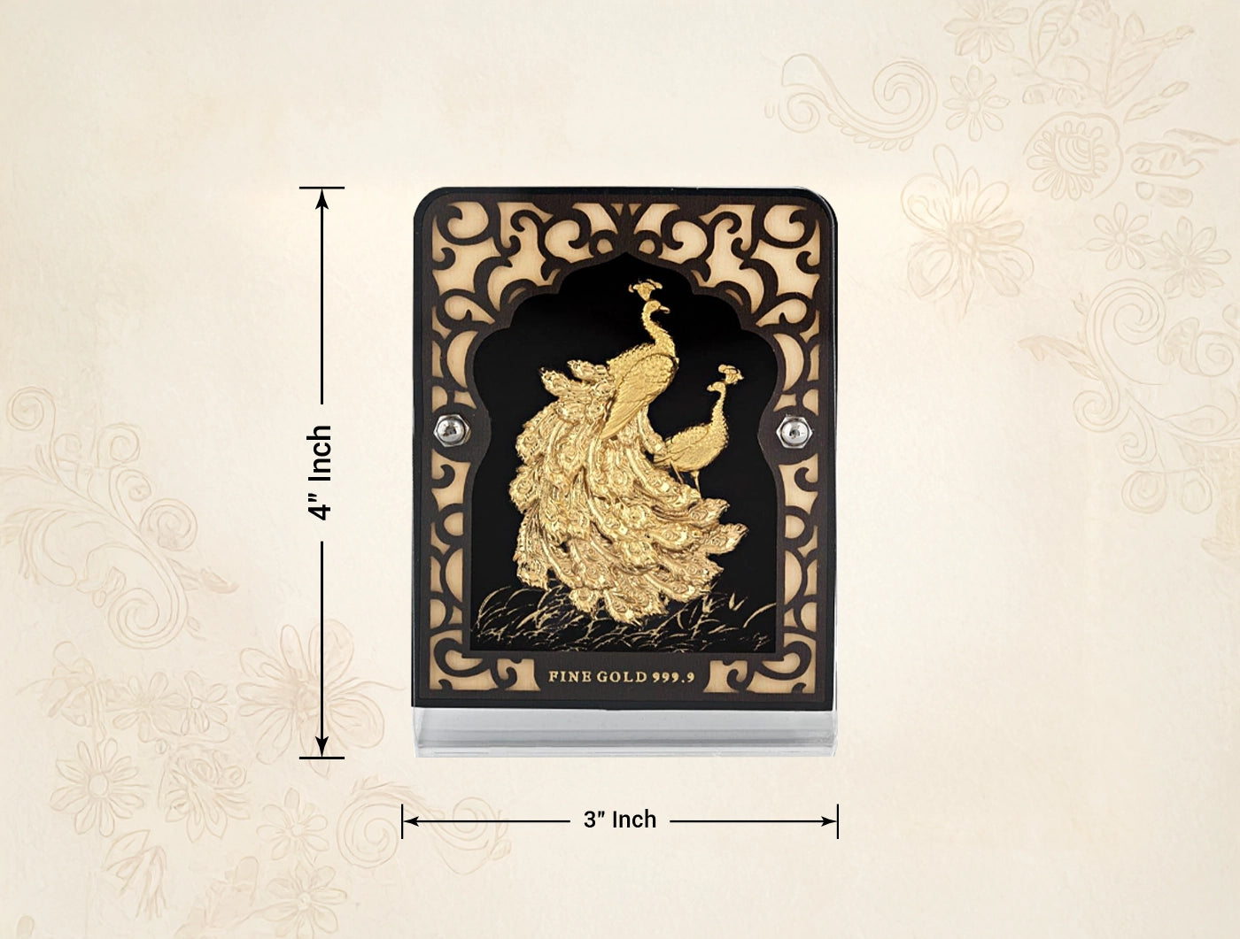 24KT Gold Peacock Stand Tabletop Display in a decorative frame, dimensions 4" x 3" for table decor and gifting.