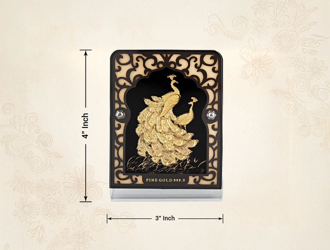 24KT Gold Peacock Stand Tabletop Display in a decorative frame, dimensions 4" x 3" for table decor and gifting.