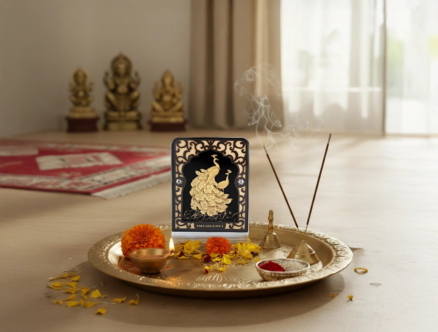 24KT Gold Peacock Stand Tabletop Display on a decorative plate with flowers and incense in an elegant setting.