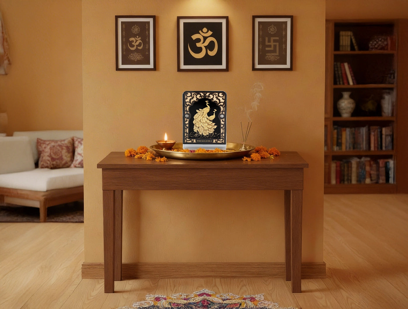 24KT Gold Peacock Stand Tabletop Display on wooden table with decorative items in an elegantly designed room.