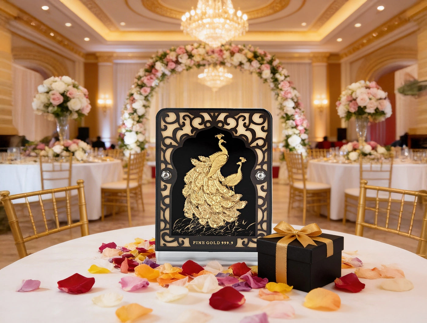 24KT Gold Peacock Stand Tabletop Display on elegant table with floral decorations and gift box.