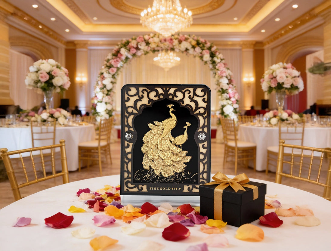 24KT Gold Peacock Stand Tabletop Display on elegant table with floral decorations and gift box.