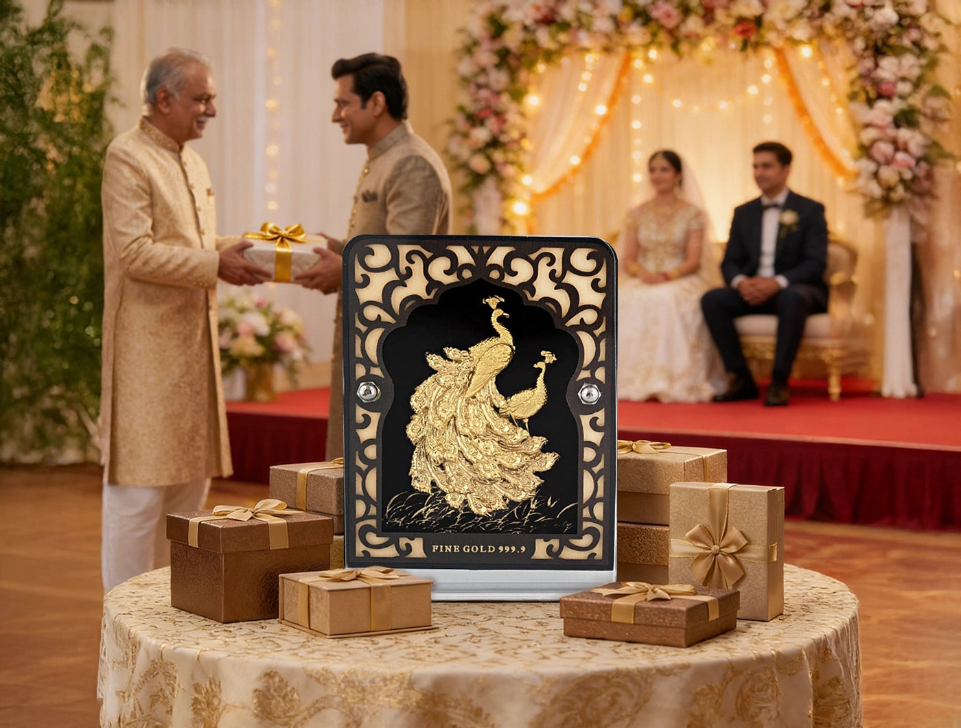24KT Gold Peacock Stand Tabletop Display showcased at a festive celebration with gifts and guests.