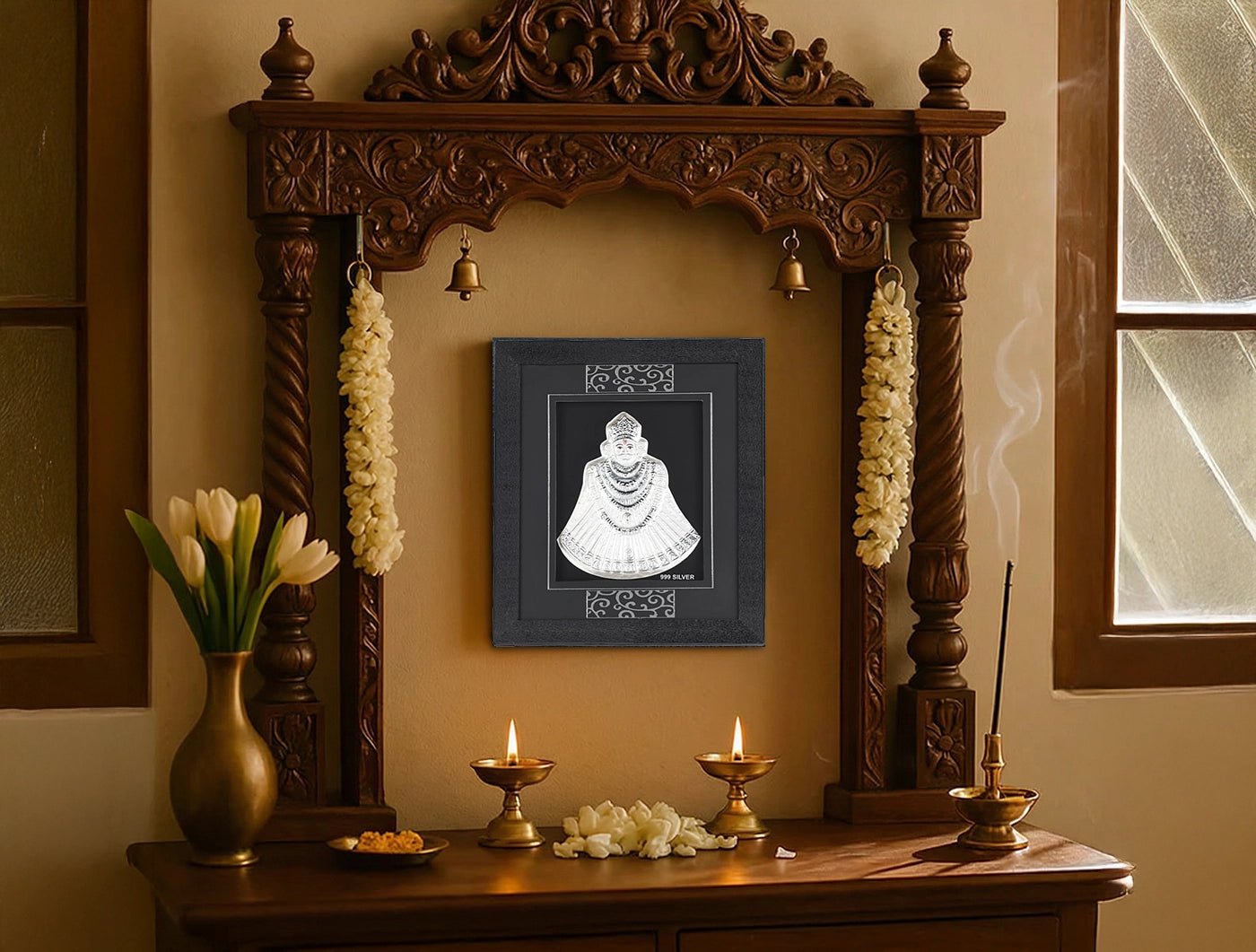 999 Pure Silver Khatu Shyamji Frame Silver Gift Items, | hanging frame (7" x 6" Inch)