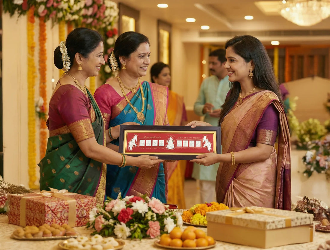 Women exchanging the 999 Pure Silver Ashta Laxmi Frame during a festive celebration, showcasing Indian traditions.
