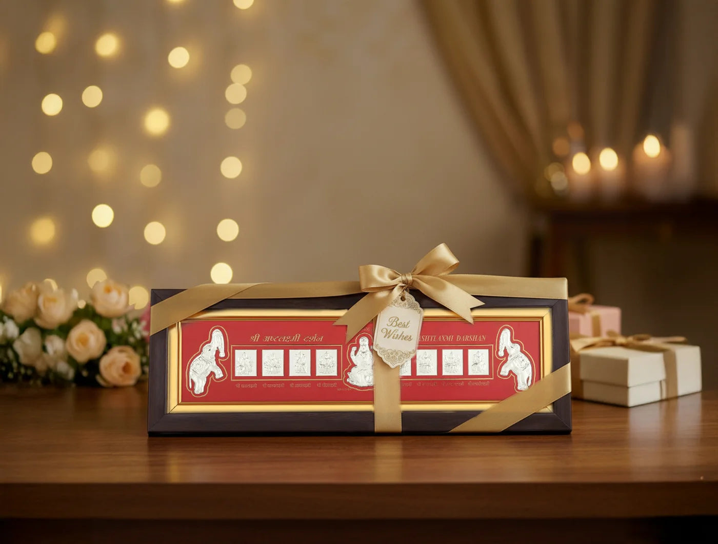 999 Pure Silver Ashta Laxmi Frame displayed in a decorative setting with ribbon and candles, showcasing divine home decor.