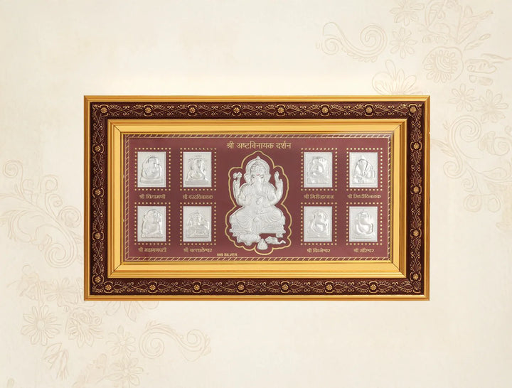 Silver frame featuring an Ashta Ganesh design by Bhagwati Jewels, 15x9 inch hanging frame in pure 999 silver.