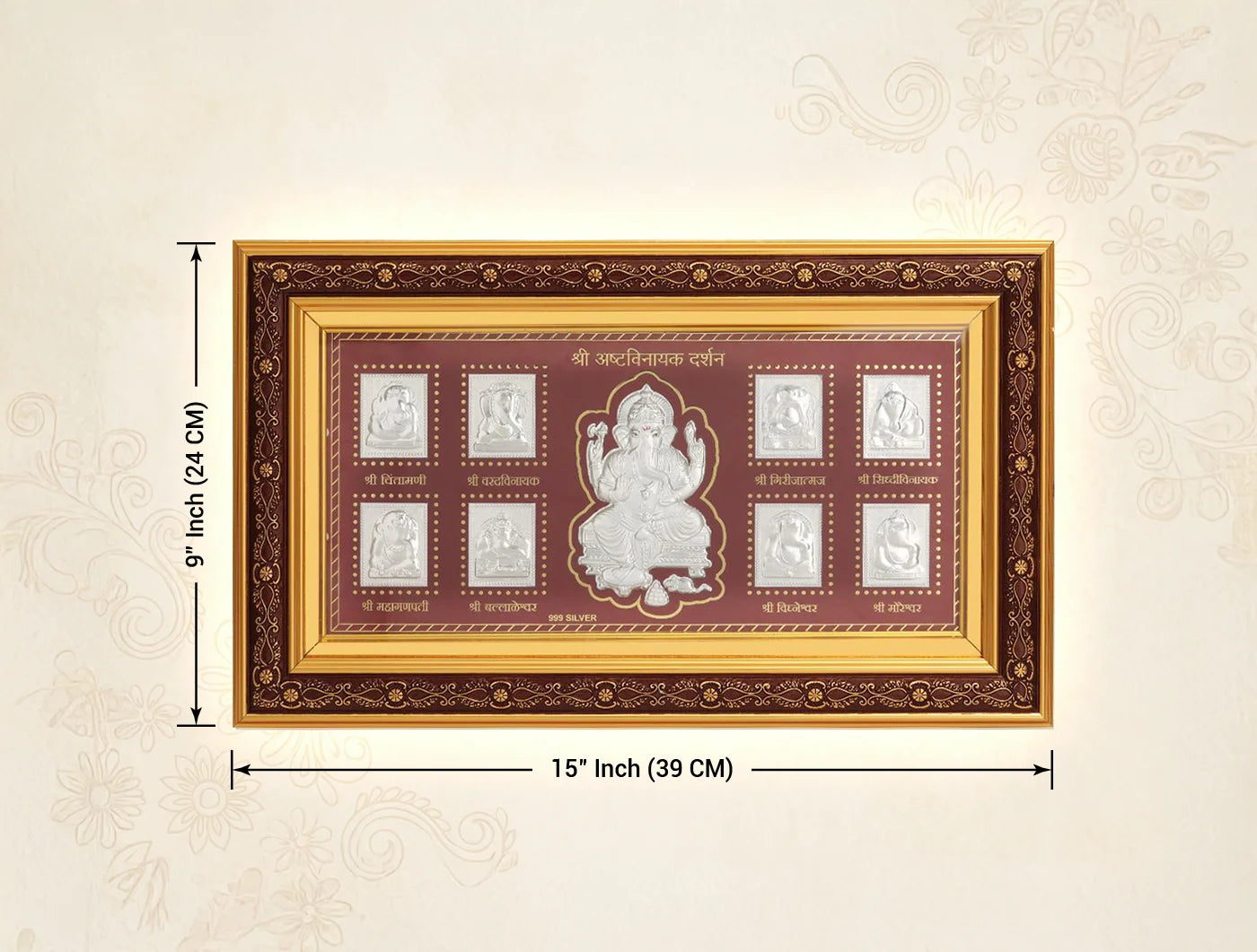 Silver frame featuring 999 pure silver Ashta Ganesh design, hanging frame measuring 15x9 inches from Bhagwati Jewels.