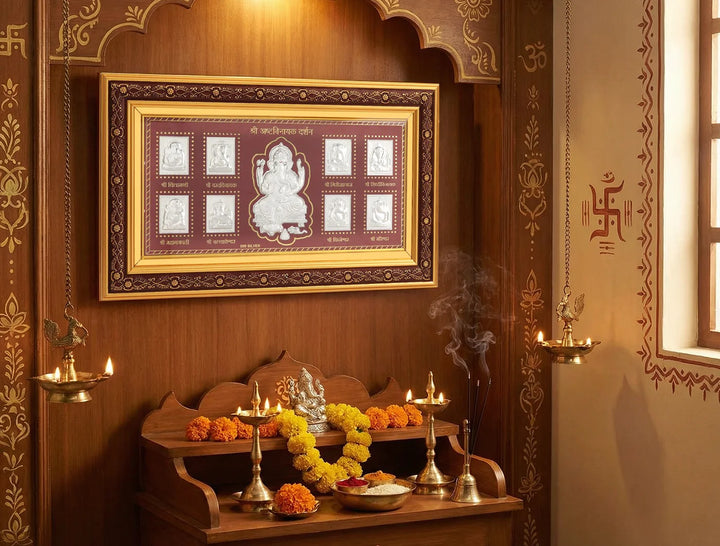Silver frame featuring a detailed Ashta Ganesh design, 15x9 inches, crafted by Bhagwati Jewels for elegant wall decor.