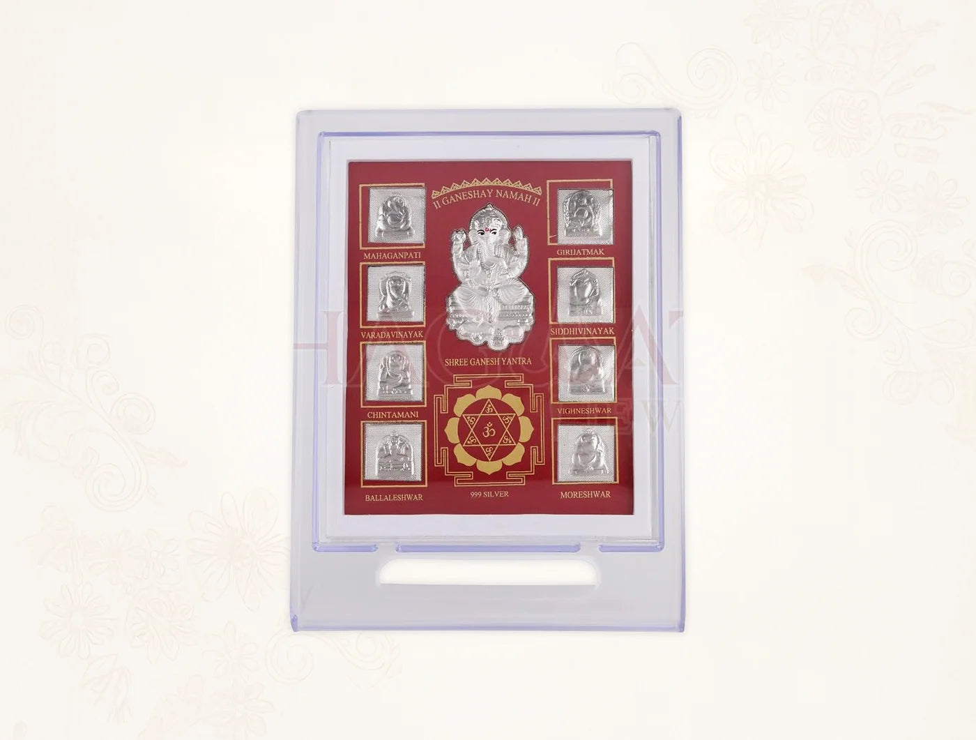 Silver frame stand for Ashta Ganesh sculpture, 7x5 inch acrylic tabletop display, crafted by Bhagwati Jewels in pure silver.