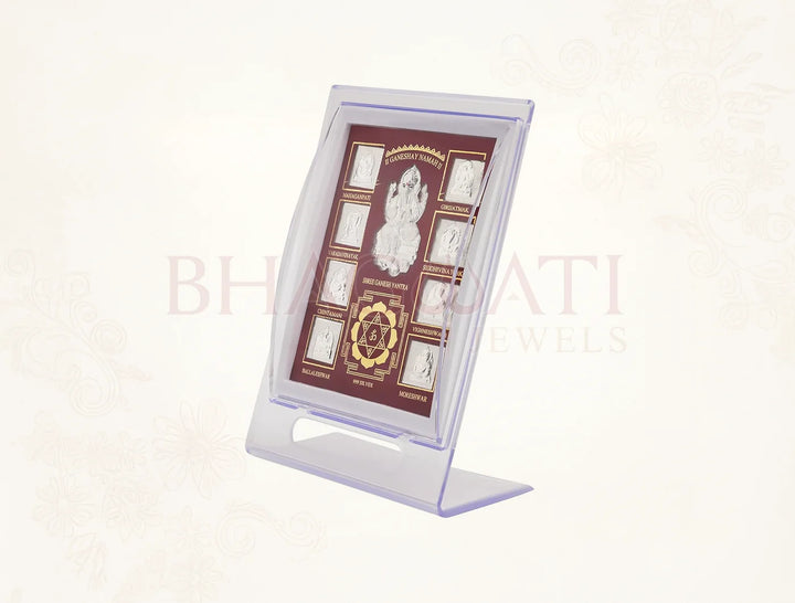 Silver frame stand for Ashta Ganesh sculpture, 7x5 inch acrylic tabletop display from Bhagwati Jewels.