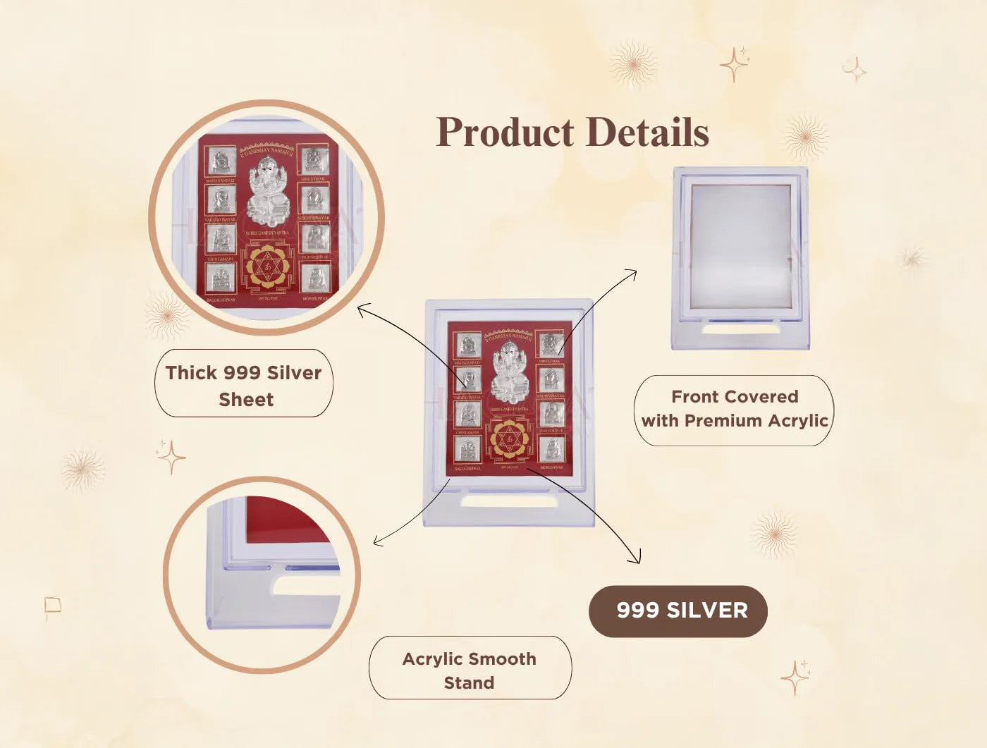 Silver Ashta Ganesh stand in a 7x5 inch acrylic rectangle frame, crafted from 999 pure silver by Bhagwati Jewels.