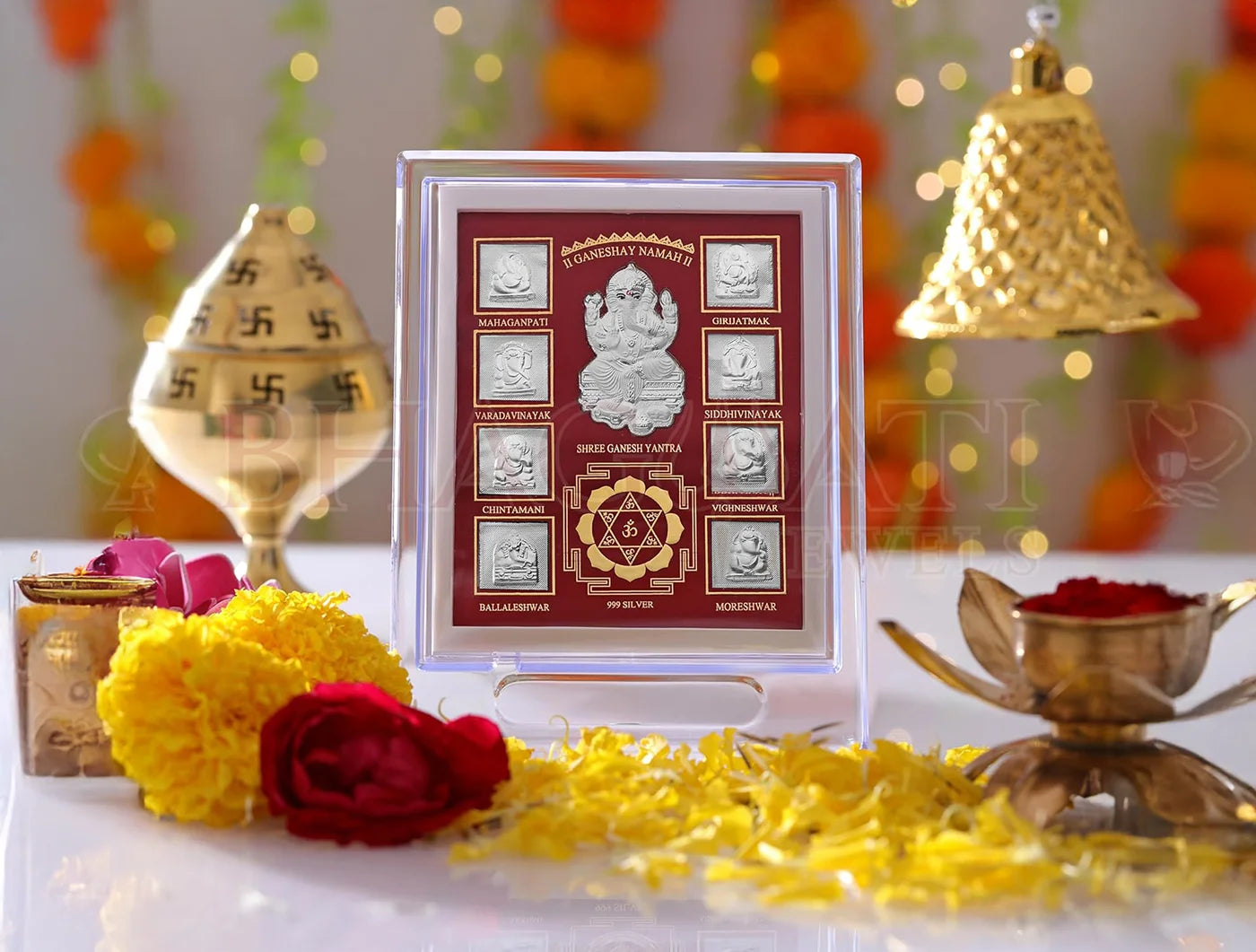 Silver Ashta Ganesh stand by Bhagwati Jewels, 7x5 inch acrylic tabletop frame in a rectangular shape for religious decor.
