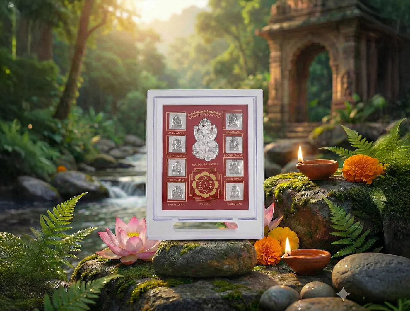 Silver Ashta Ganesh stand in a 7x5 inch acrylic rectangle frame, crafted by Bhagwati Jewels, designed for tabletop display.