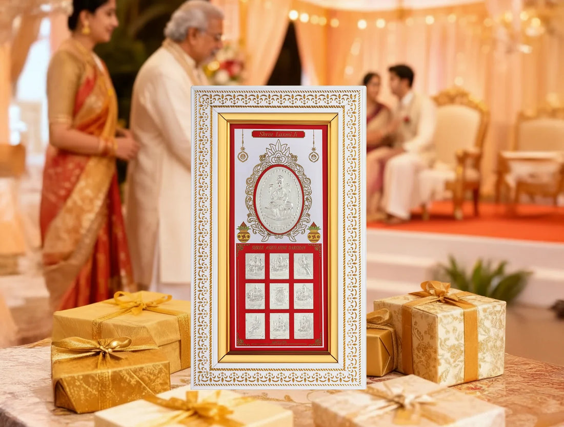 999 Pure Silver Ashta Laxmi Frame by Bhagwati Jewels, wall mount rectangular photo frame for decoration or gifting, 11.5 x 6.5 inches.