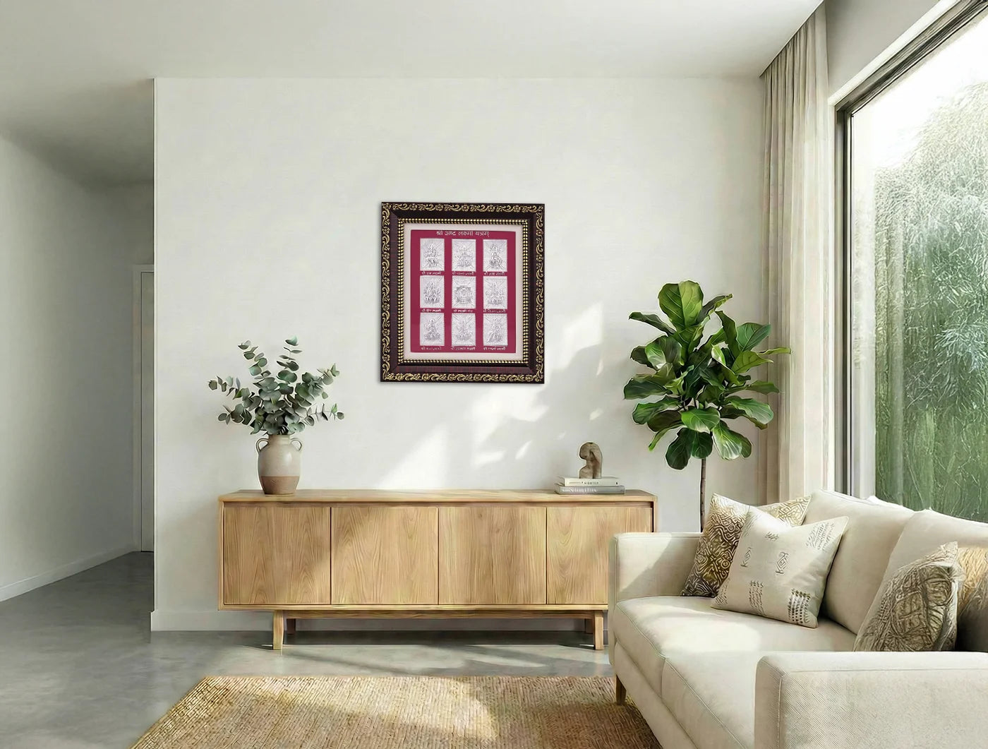 999 Pure Silver Ashta Laxmi Darshan wall mount displayed in a modern living room, perfect for home decor.