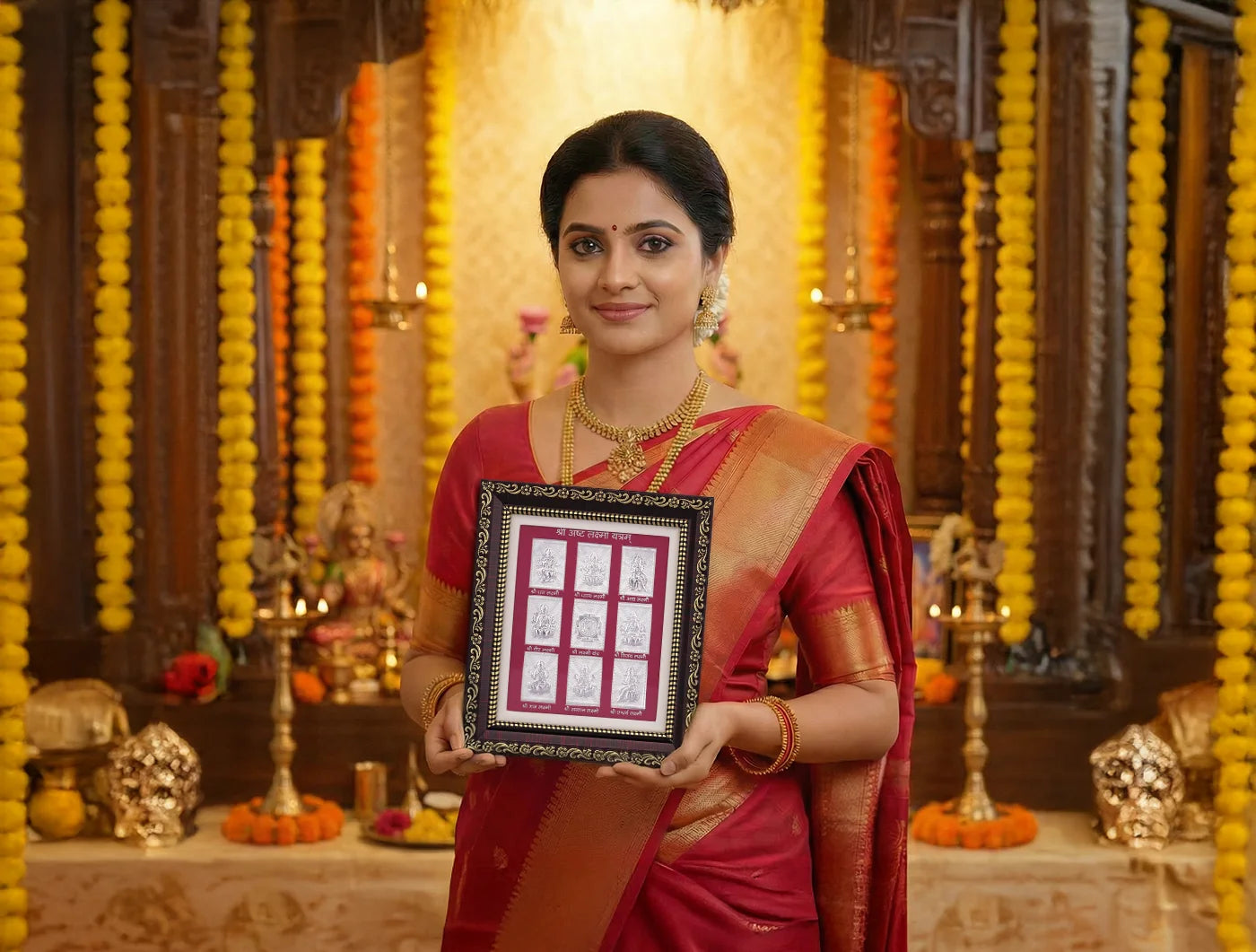 Woman in traditional attire holding a framed 999 Pure Silver Ashta Laxmi Darshan in a decorated temple setting.