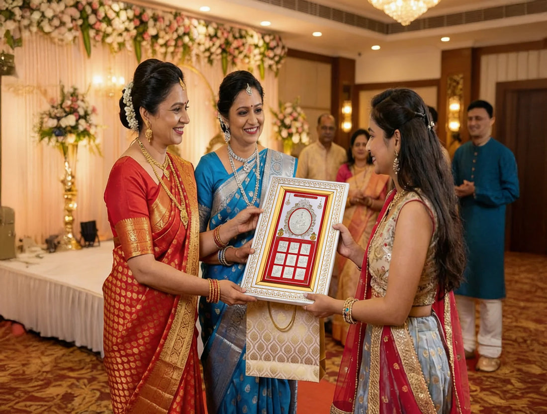 999 Pure Silver Ashta Laxmi Frame by Bhagwati Jewels, rectangular 11.5x6.5 inches, featuring detailed Ashta Laxmi design for gifting.