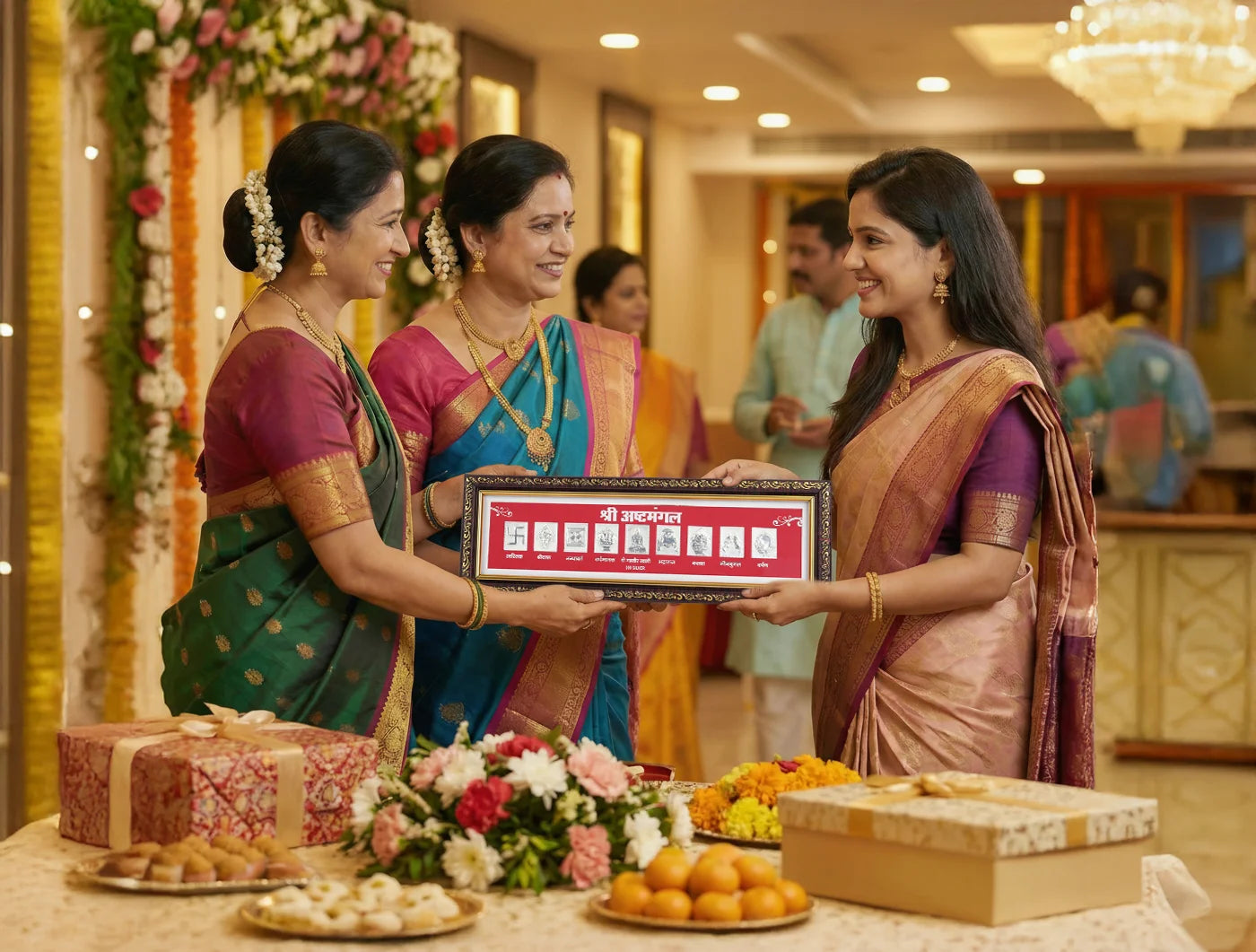 Women celebrating a festive occasion, exchanging gifts, surrounded by traditional decorations and sweets.