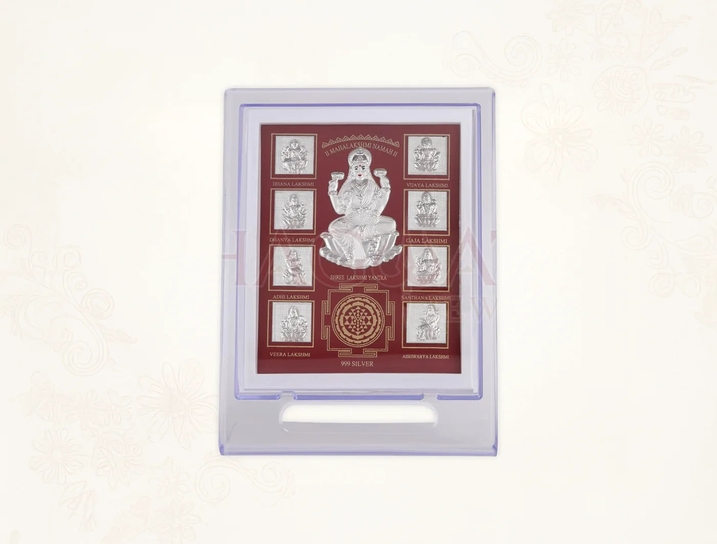 999 Pure Silver Ashta laxmi Stand on a 7x5 inch acrylic stand, crafted from 999 pure silver by Bhagwati Jewels.