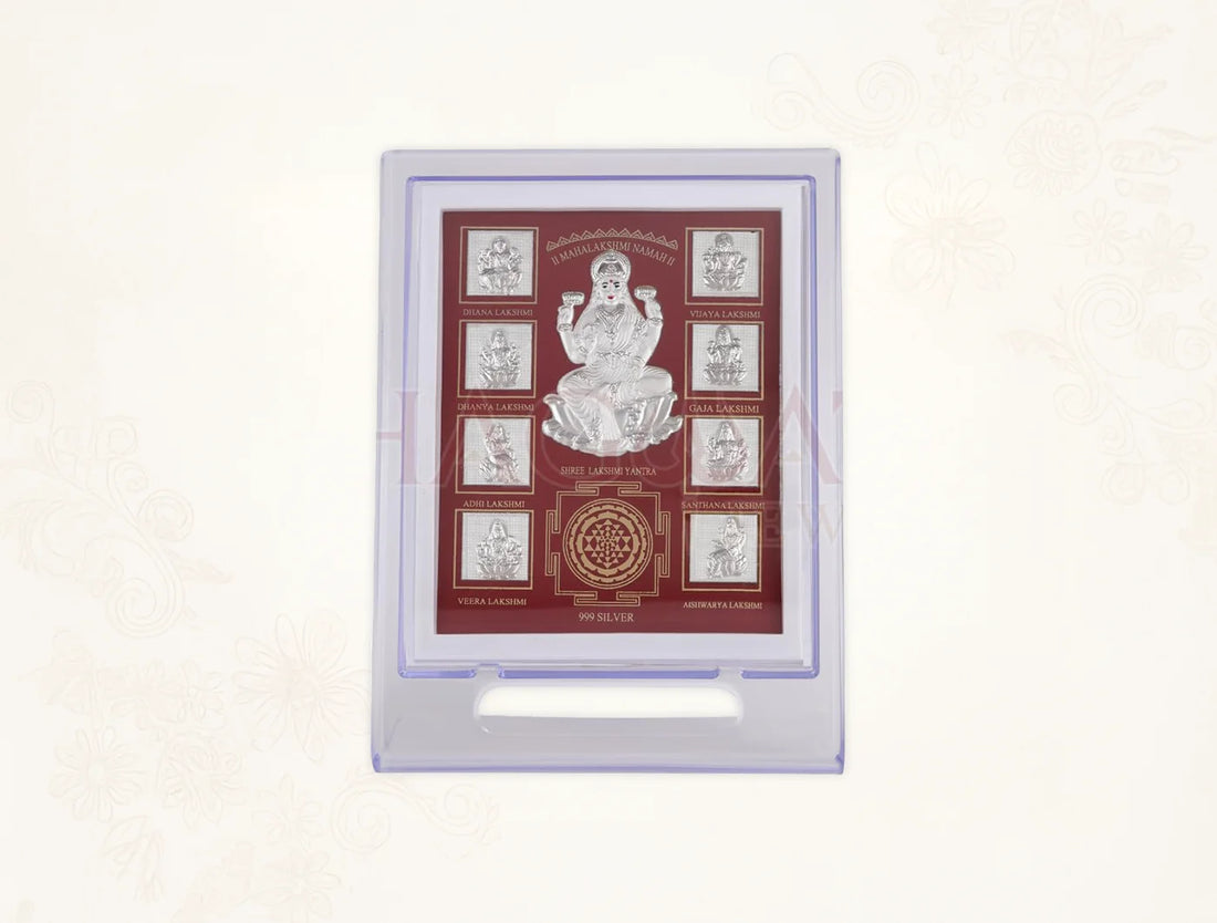 999 Pure Silver Ashta laxmi Stand on a 7x5 inch acrylic stand, crafted from 999 pure silver by Bhagwati Jewels.
