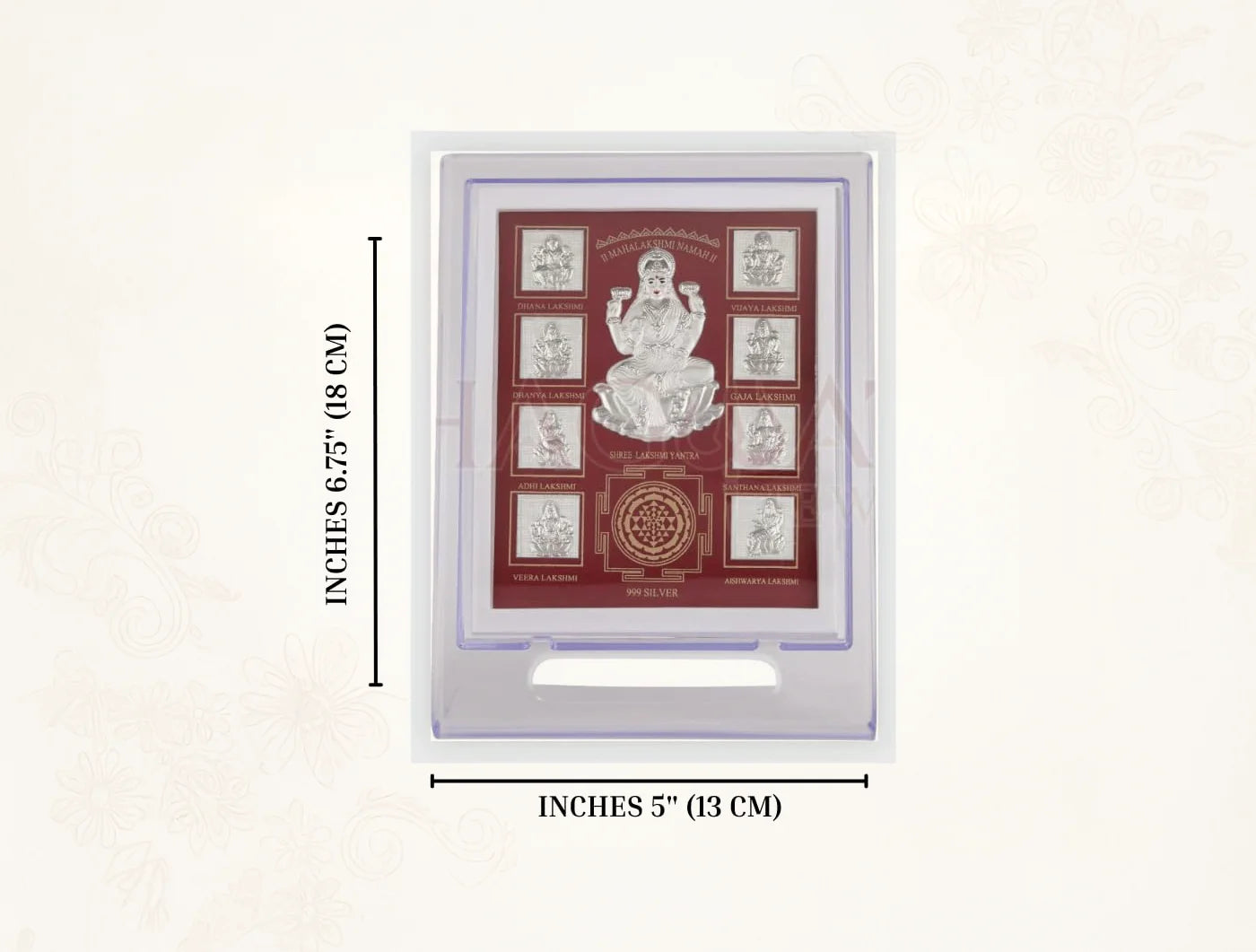 999 Pure Silver Ashta laxmi Stand, 7x5 inch tabletop decorative piece with acrylic square base.