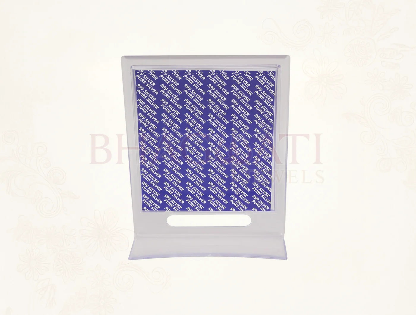 999 Pure Silver Ashta laxmi Stand on a 7x5 inch acrylic stand, crafted from 999 pure silver by Bhagwati Jewels.