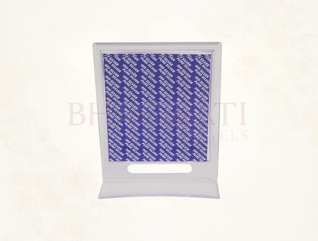 999 Pure Silver Ashta laxmi Stand on a 7x5 inch acrylic stand, crafted from 999 pure silver by Bhagwati Jewels.