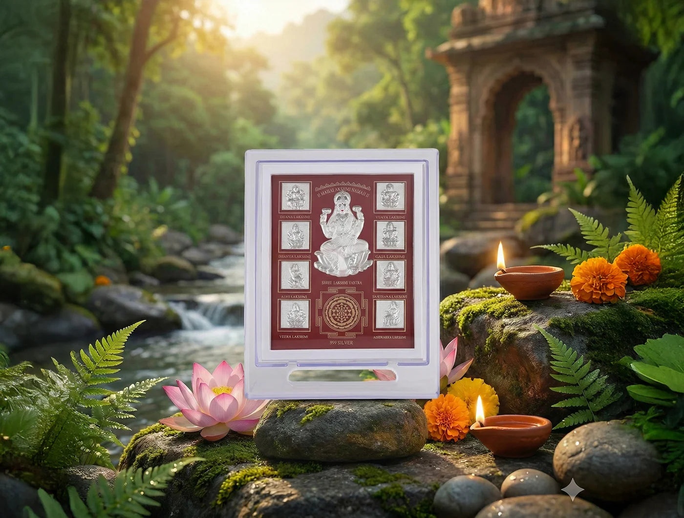 999 Pure Silver Ashta laxmi Stand in 999 pure silver, measuring 7x5 inches, ideal for tabletop display.
