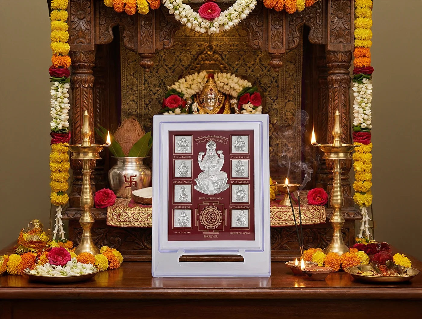 999 Pure Silver Ashta laxmi Stand, 7x5 inch acrylic tabletop display, crafted from 999 pure silver by Bhagwati Jewels.