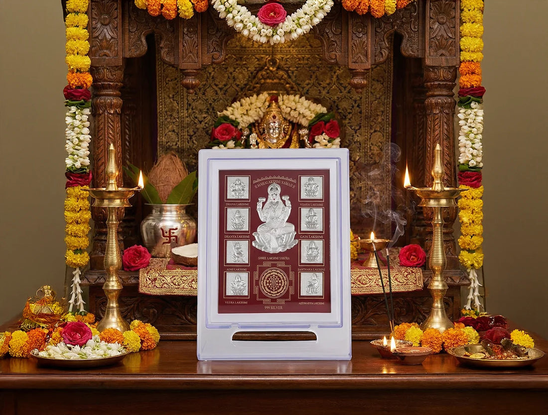 999 Pure Silver Ashta laxmi Stand, 7x5 inch acrylic tabletop display, crafted from 999 pure silver by Bhagwati Jewels.