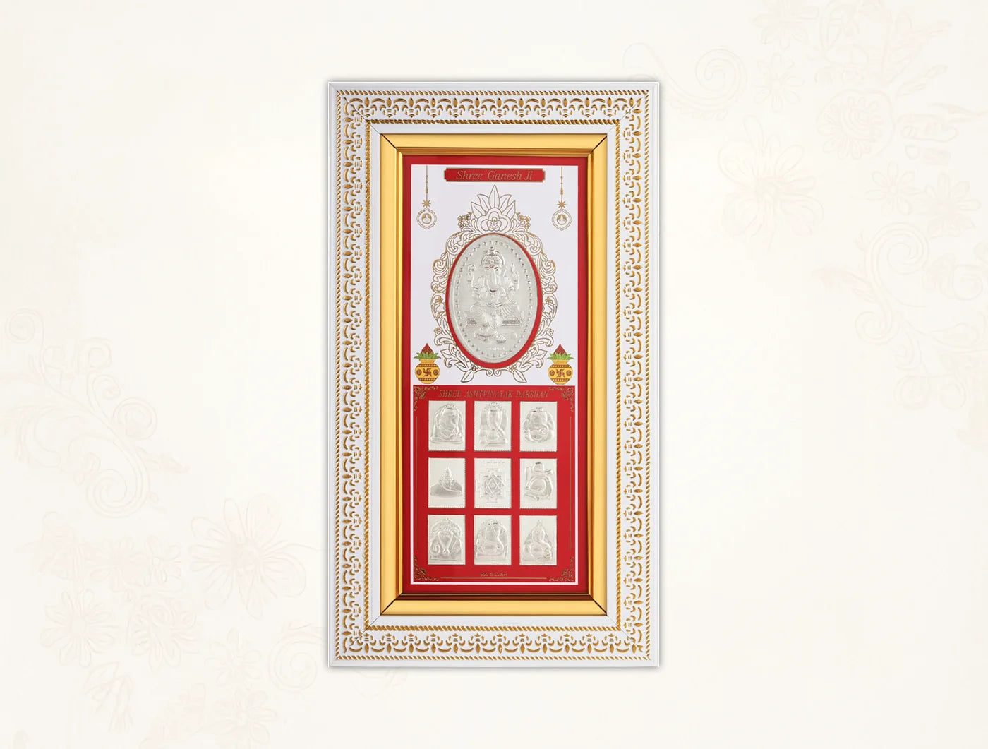 999 Pure Silver Ashta Ganesh Frame, wall-mounted rectangular photo frame for divine darshan, 11.5 x 6.5 inches.