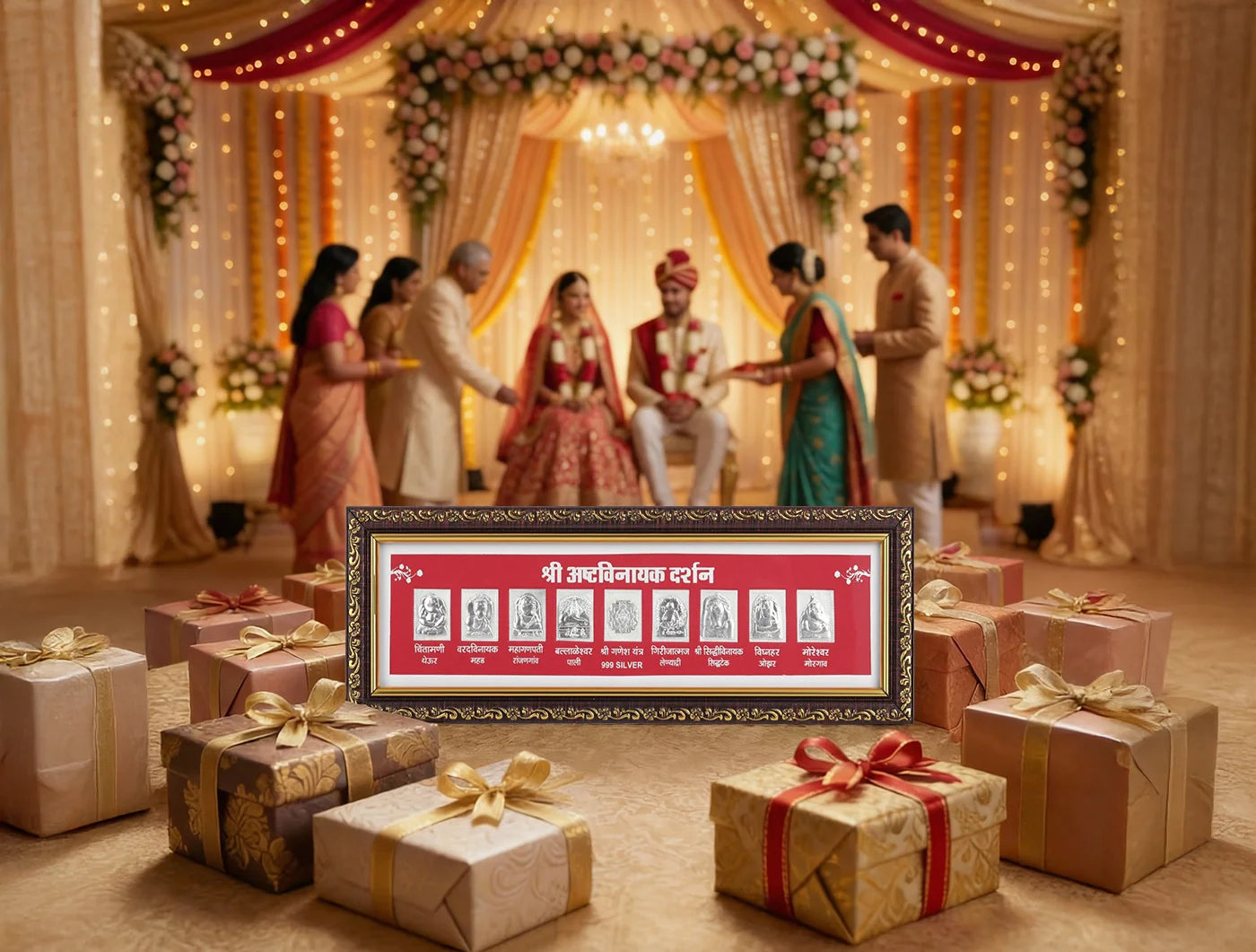 pure silver Ashta Ganesh frame displayed at a wedding ceremony with gifts around.