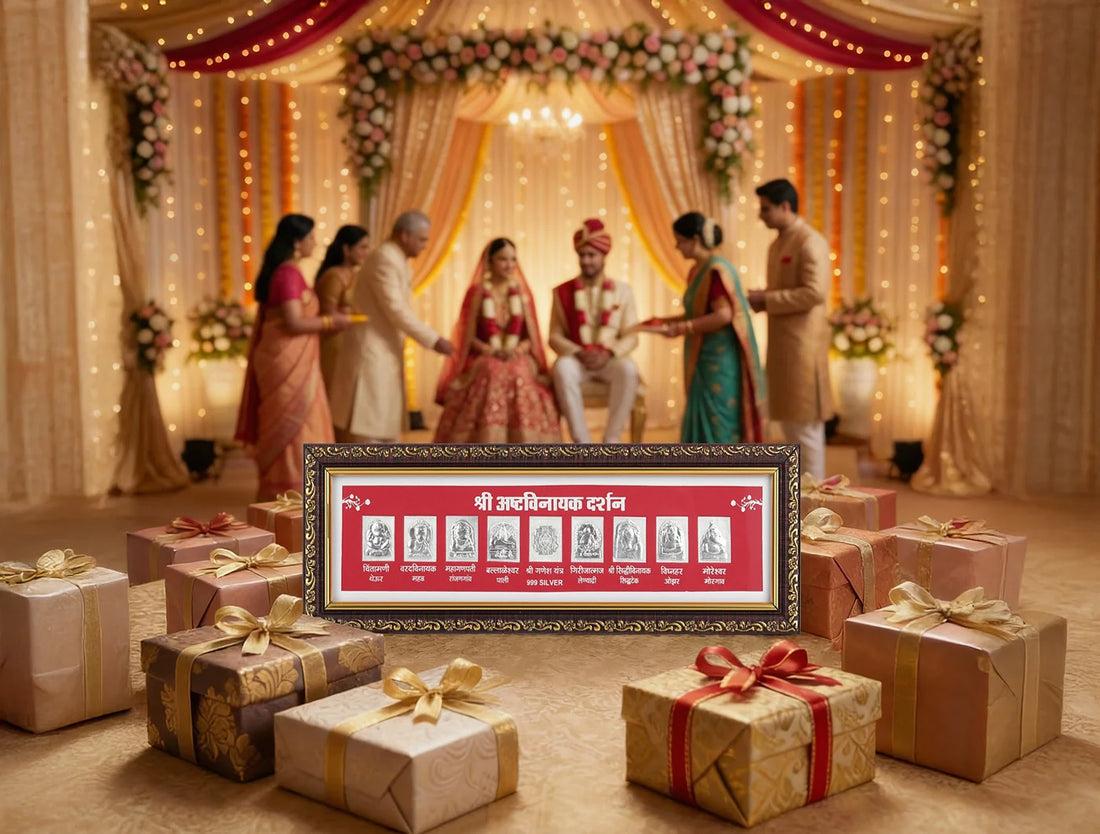 pure silver Ashta Ganesh frame displayed at a wedding ceremony with gifts around.