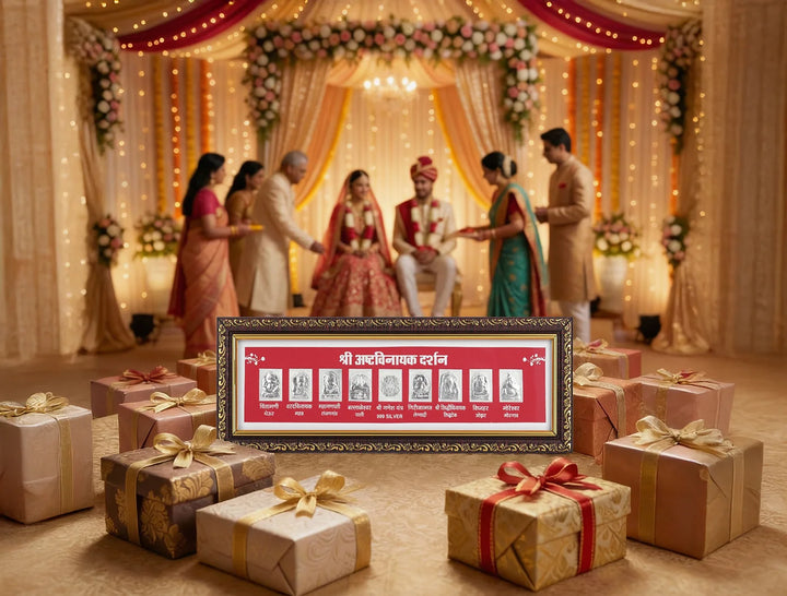 pure silver Ashta Ganesh frame displayed at a wedding ceremony with gifts around.