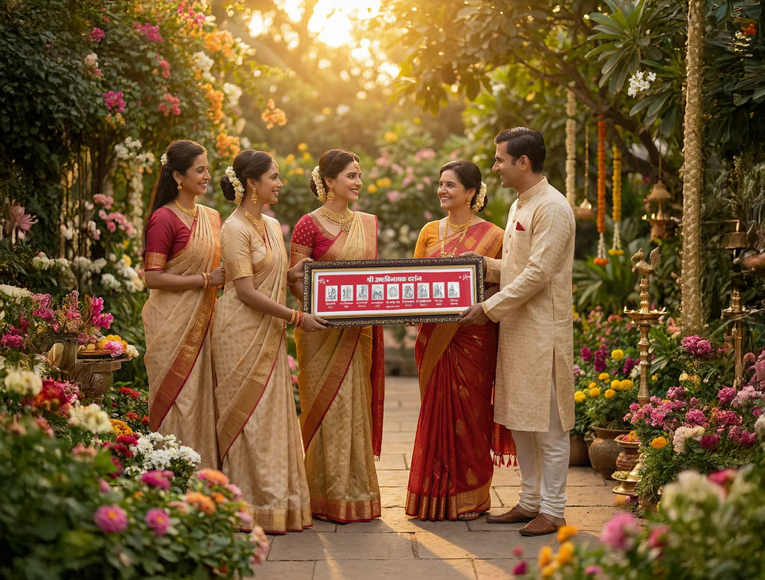 Celebratory group in traditional attire holding a pure silver Ashta Ganesh frame surrounded by vibrant flowers.