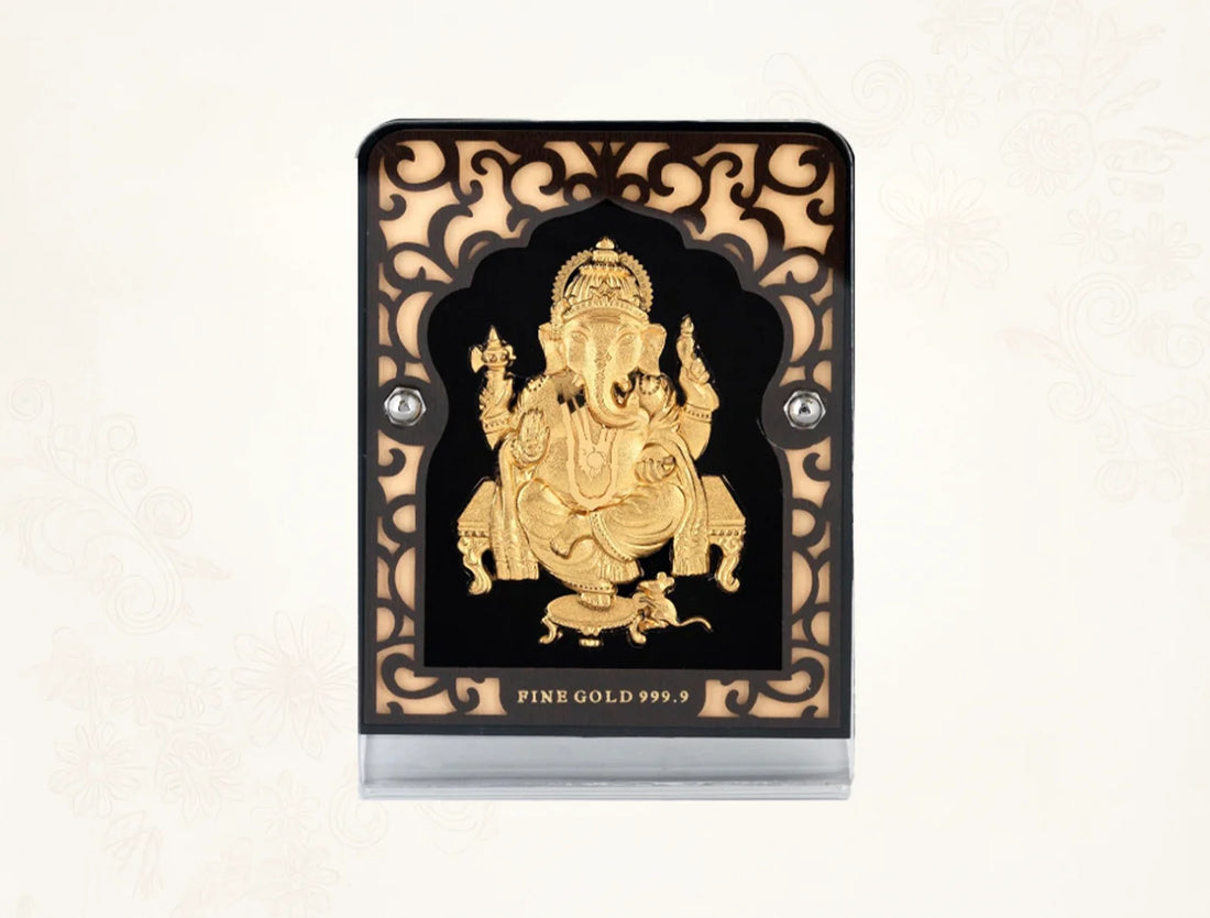 Silver frame 24KT gold Ganeshji stand, tabletop display in glass, 4x3 inches, by Bhagwati Jewels featuring intricate craftsmanship.