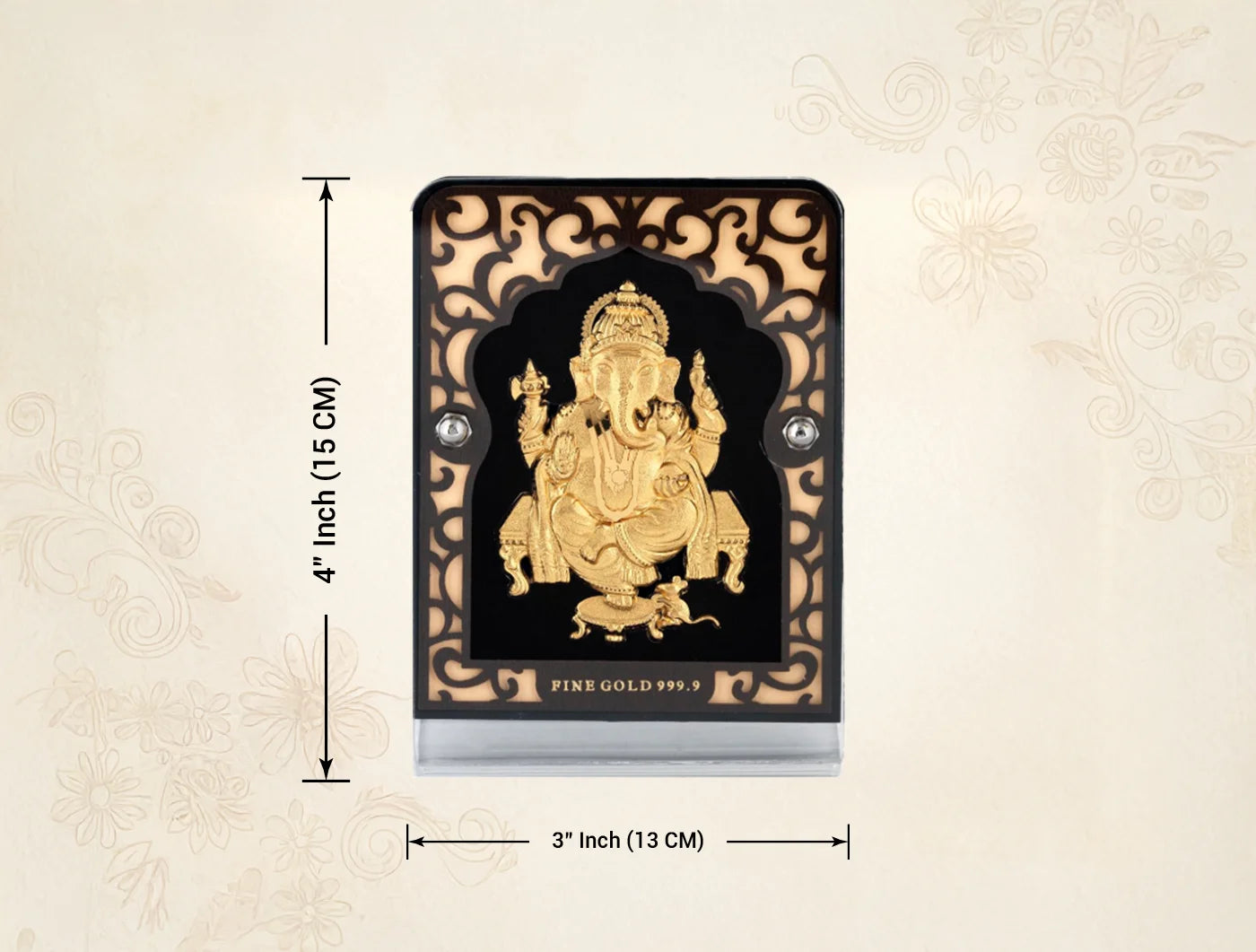 24KT Gold Ganeshji Stand | Tabletop Display (4" x 3") Glass Tabletop with intricate design.
