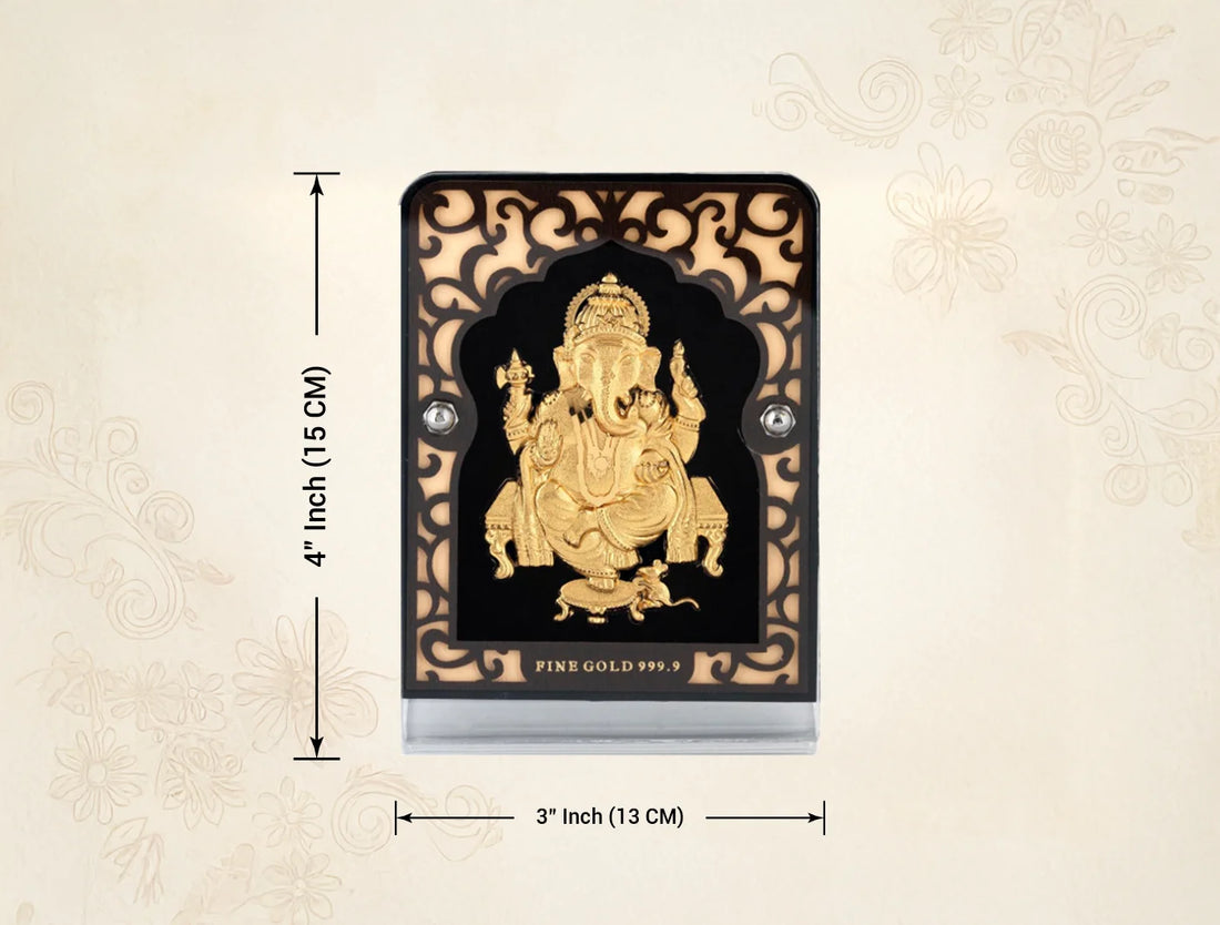 24KT Gold Ganeshji Stand | Tabletop Display (4" x 3") Glass Tabletop with intricate design.