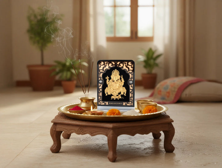 Silver frame 24KT gold Ganeshji stand for tabletop display, 4x3 inches, with glass tabletop from Bhagwati Jewels.