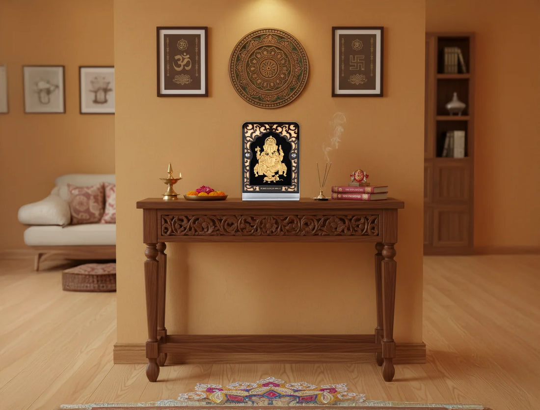Silver frame 24KT gold Ganeshji stand on glass tabletop, compact 4x3 inches, decorative Hindu religious display by Bhagwati Jewels.