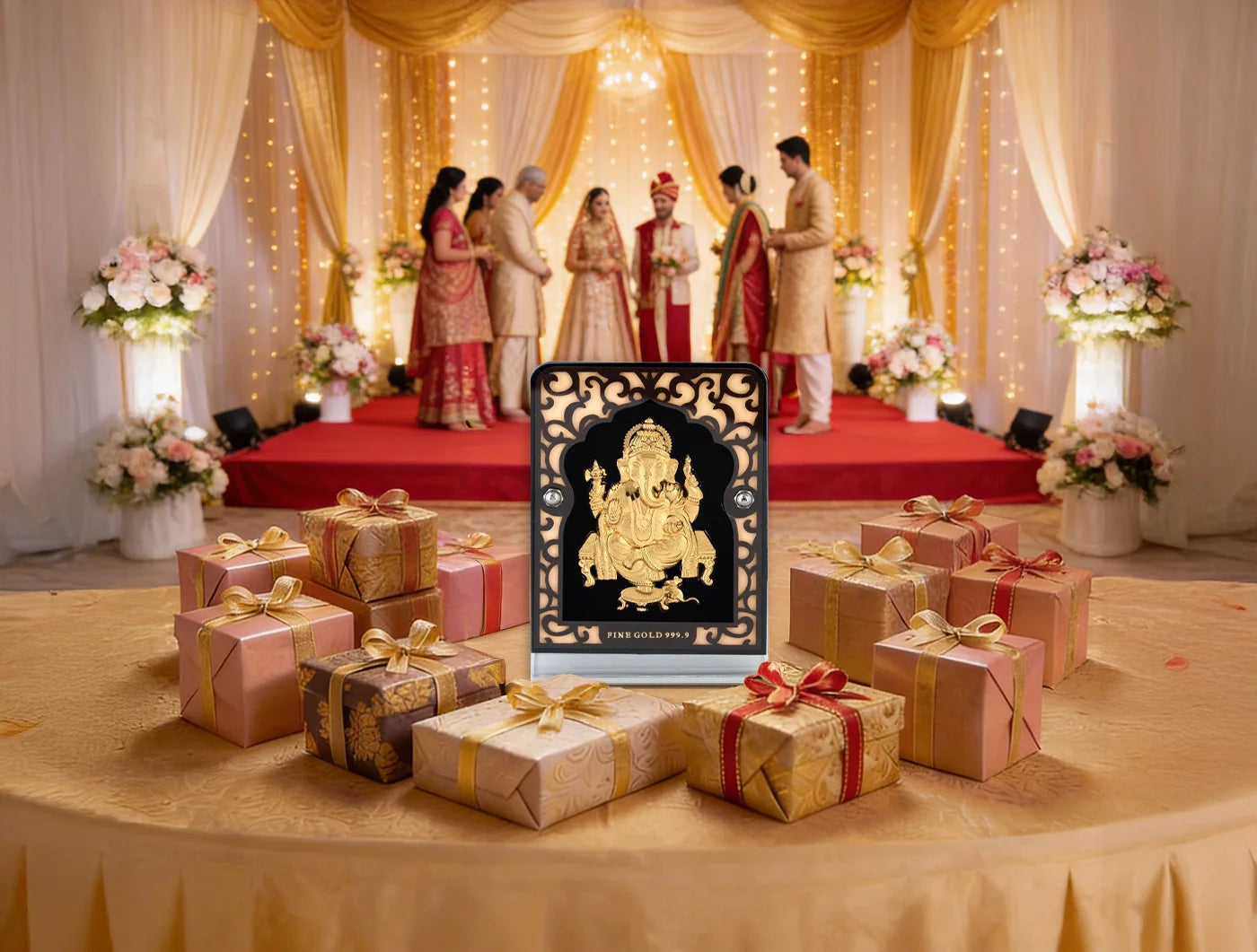 Silver frame 24KT gold Ganeshji stand for tabletop display, 4x3 inches, featuring a detailed Ganesh figure in glass display.