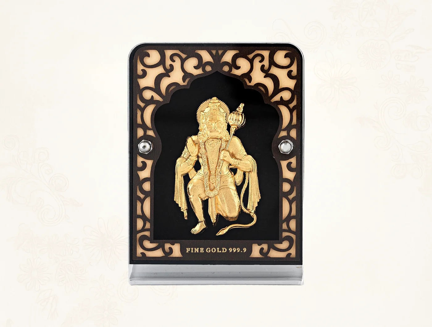 Silver frame Golden 24KT Gold Hanumanji stand for tabletop display, ideal for office desk, car dashboard, or pooja room decor.