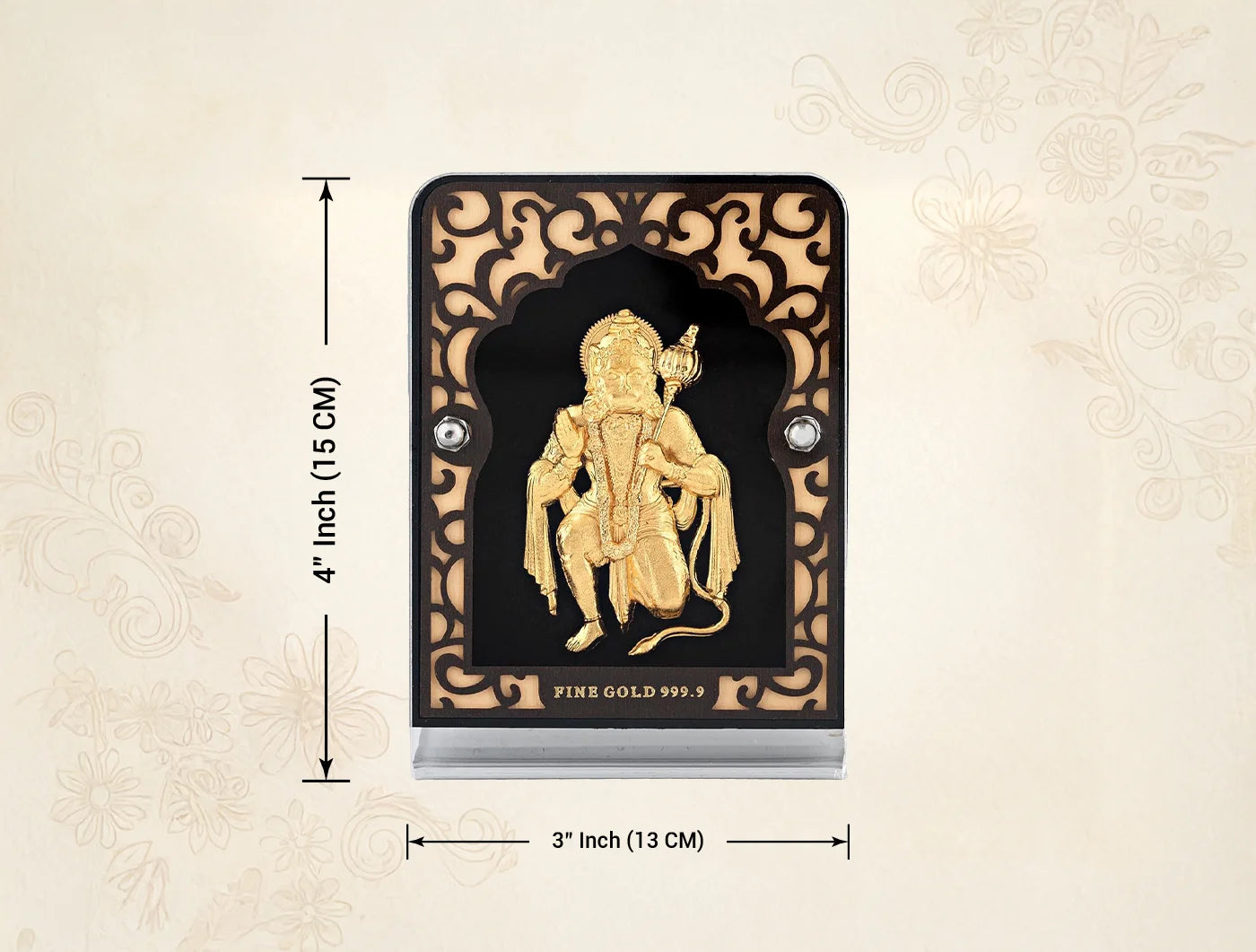 Silver frame Golden 24KT Gold Hanumanji stand with glass tabletop, perfect for Poojaroom decor, office desk, or car dashboard display.