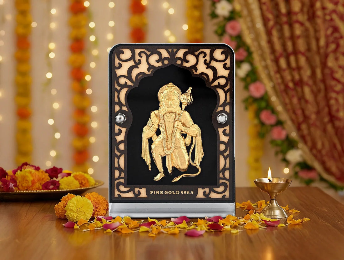 Silver frame Golden 24KT Gold Hanumanji stand, 4x3 inches, tabletop display for decor, gifts, office desk, or car dashboard.