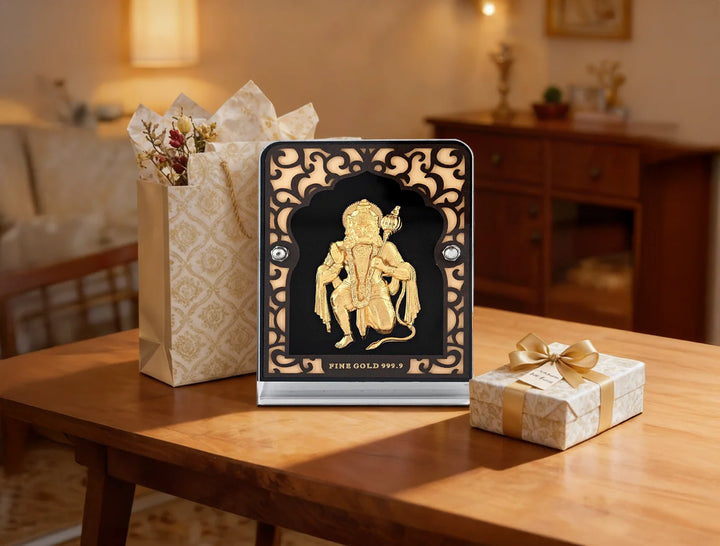 Golden 24KT Gold Hanumanji Stand | Tabletop Display (4" x 3") Glass Tabletop | (For Premium Gift, Poojaroom Decor, Office Desk, Car Dashboard, Table Decoration)