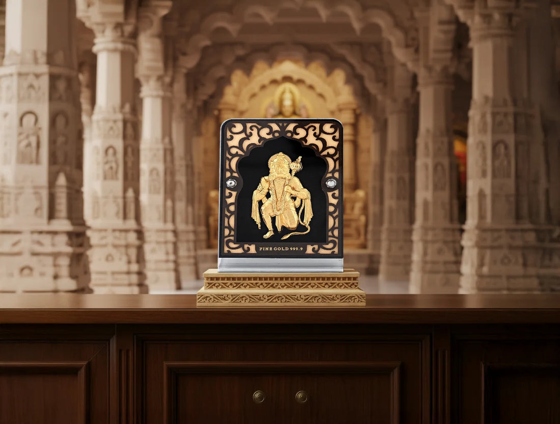 Silver frame Golden 24KT Gold Hanumanji stand, tabletop display with glass base, ideal for decor, gifts, or office desk.