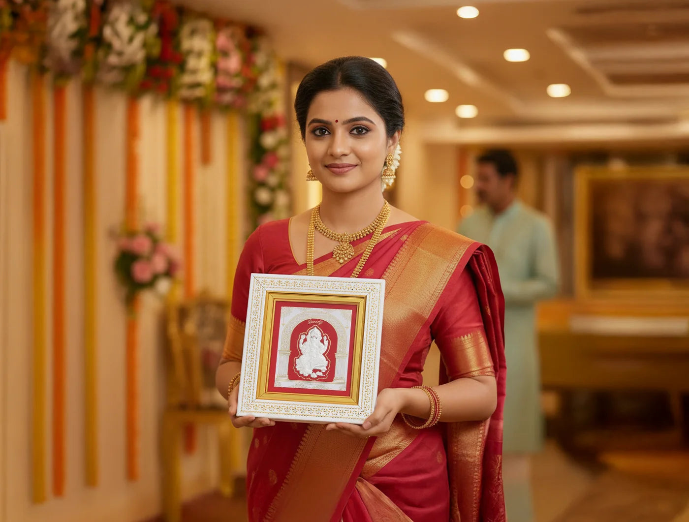 Silver Ganesh frame by Bhagwati Jewels featuring intricate divine artwork for home decor display.