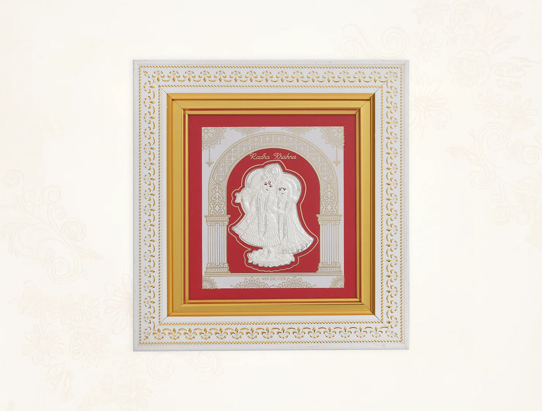 Silver Radhakrishna frame in pure 999 silver from Bhagwati Jewels, featuring intricate divine home decor design.